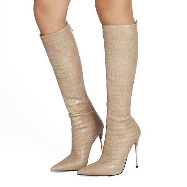 Dame Patent Læder Pu Høje Støvler Spids Tå Lynlås Bagpå Sexede Stiletstøvler Khaki 41