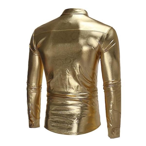 Miesten kiiltävät slim fit -pitkähihaiset yökerhopaidat Gold M