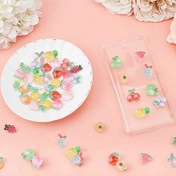 96 st 16 Stilar Frukter Resin Cabochons Transparent Frukt Flatback Pärlknapp Imitation Mat Skivor för DIY Scrapbooking Utsmyckningar Telefonskal Hår
