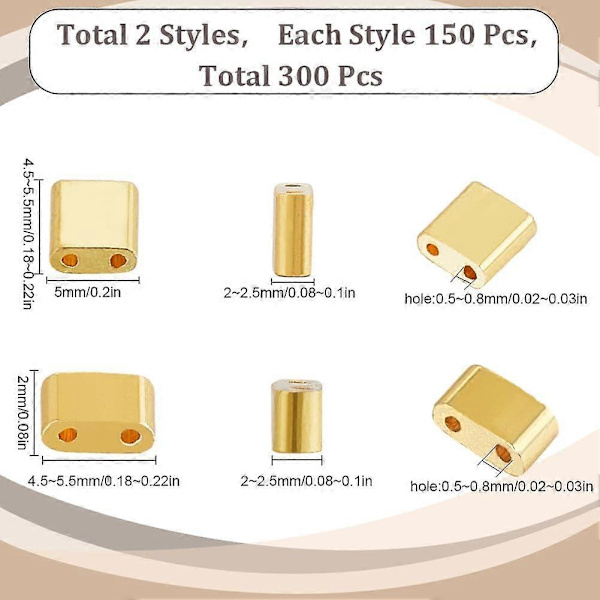 1 Ask 300 st 2 Storlekar Guld Tila Pärlor Bulk Två Hål Frö Pärlor Halv Skurna 5mm 1/2 Tila Pärla Distanser Glas Mini Rektangel Platta Kvadratiska Frö Pärlor för Smycken