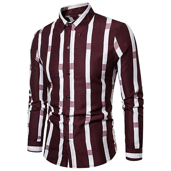 Herr Casual Långärmad Skjorta Knapp Ned Randig Lös Skjorta Red 4XL