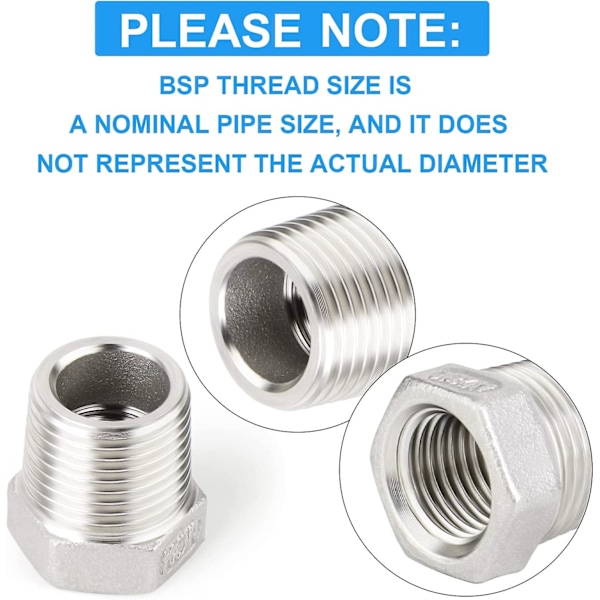 2 stk. 304 Reducer Hex Ring 1/2\" Han Til 1/4\" Hun Bsp Slange Adapter Fitting