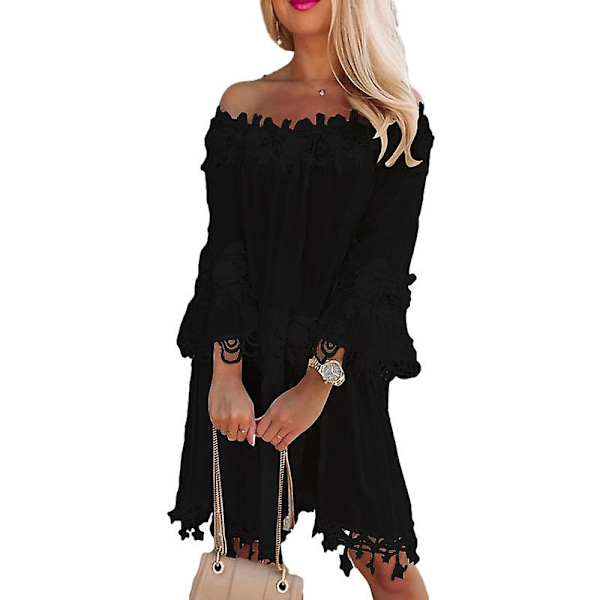 Dame Casual Off Shoulder Blondekjole, Bryllups Aftenfest Kjoler Black M