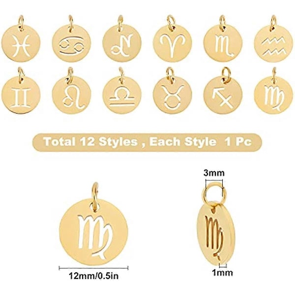 [STØRRELSE]: Runde stjernetegn charms ca. 12 mm i diameter, 1 mm tykke, hul: 3 mm, 12 stjernebilleder, 1 stk./stjernebillede, beholder ca. 7,4x7,2x1,7 cm.