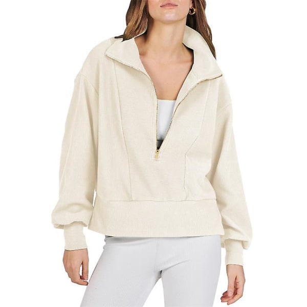 Casual halvlynede sweatshirts til damer, langærmet cropped pullover Cream 2XL