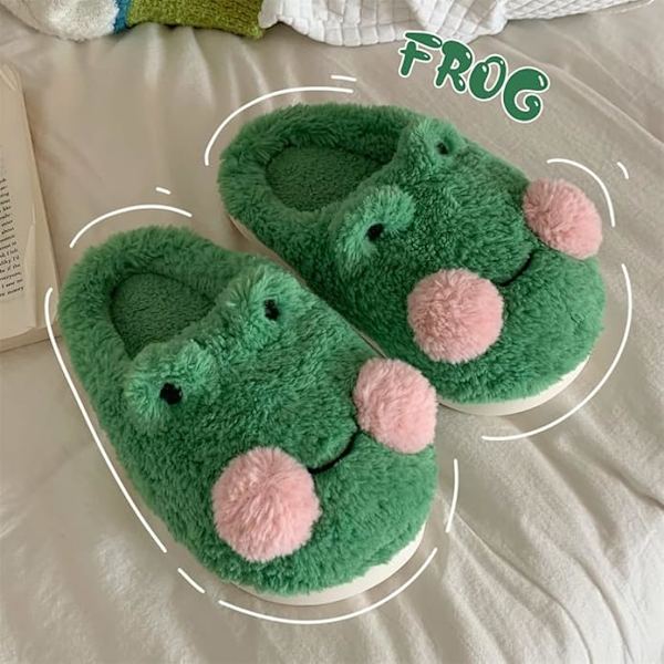 Søte frosketøfler for kvinner Kawaii lodne plysj sovesaltøfler fluffy hus slippers 37