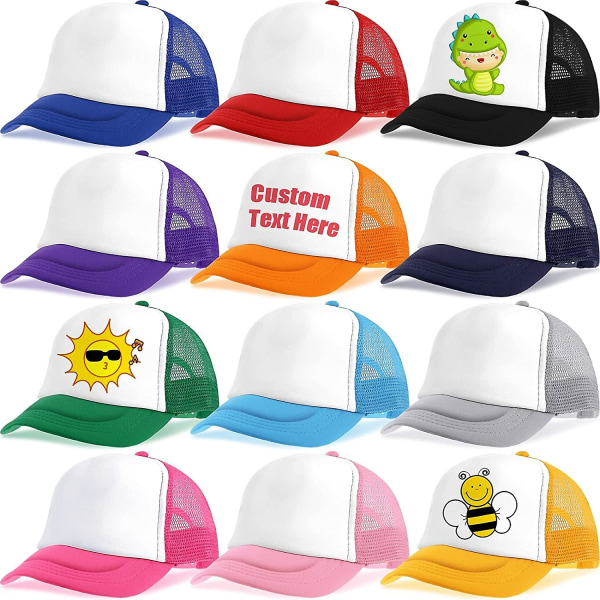 12-pack Trucker-keps för barn, sommar, polyester, mesh, keps, justerbar, sublimering, tomma kepsar, basebollkepsar för utomhusbruk