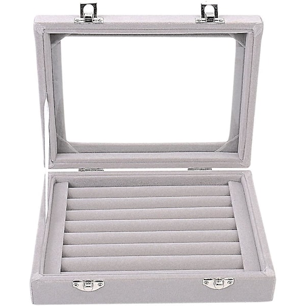 7 Rum Velvet Glas Ring Smykke Display Opbevaringsboks Bakke Etui Holder Ørering Organizer Stativ Grå