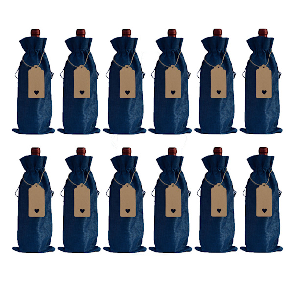Penubuy Jutevinpåse, 12-pack vinpåsar med presentkort/blixtlås (Blå - 15 x 35 cm)