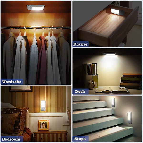 LED Nattlys Oppladbart Nattlys, Bevegelsessensor Nattlys med Selvklebende Magnetstriper [2-pakning]. 3 Moduser (auto/på/av) Nattlys for Seng