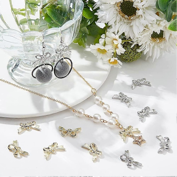 48 st 2 Färger Rosett Länk Charm Fjäril Rosett Charm Fluga Hänge Gyllene Rosett Koppling med Dubbel Slinga Legering Koppling Hängande Charm för Smycken
