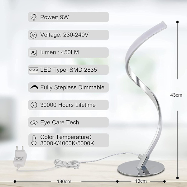 LED Spiral Dimbar Sengelampe, 3000k-5000k (varm/naturlig/kald hvit) med Kabel