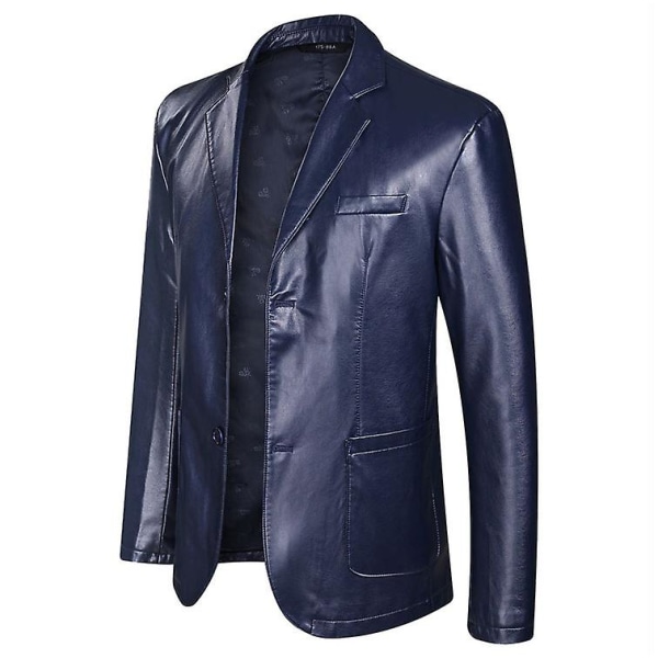 Herr Casual Notch Krage 2 Knapp Slim Faux Läder Blazer Kostym Jacka Navy L