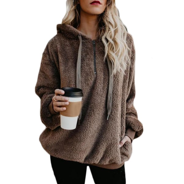 Mjuk och fluffig sweatshirt för kvinnor, höst och vinter, varm dragkedja upp huvtröja pullover med 4XL Brown