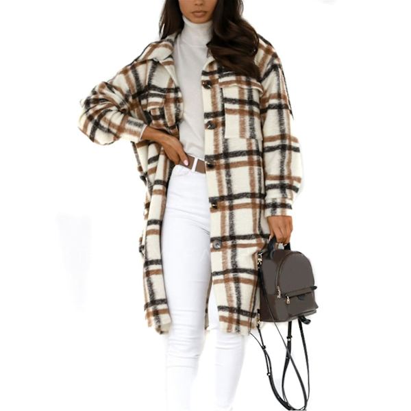 Casual Varm Letvægts Skjortejakke med Knapper og Tern til Kvinder, Langærmet, Regular Fit L Brown