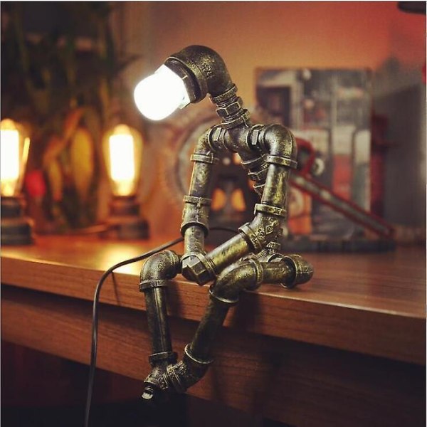 Retro Robot Jernrør Sengelampe, kompatibel med Edison, led, cfl, glødepærer