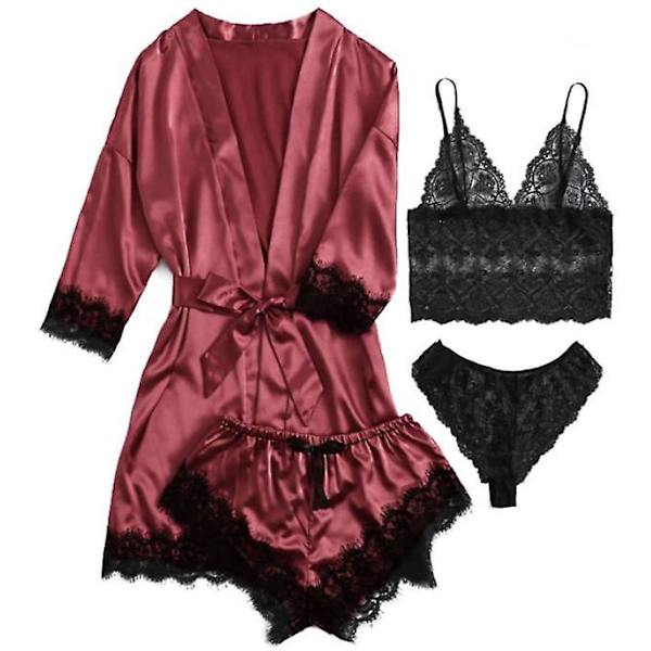 Dame 4-delt Pyjamas Satin Pyjamas Sett Med Morgenkåpe Red XL