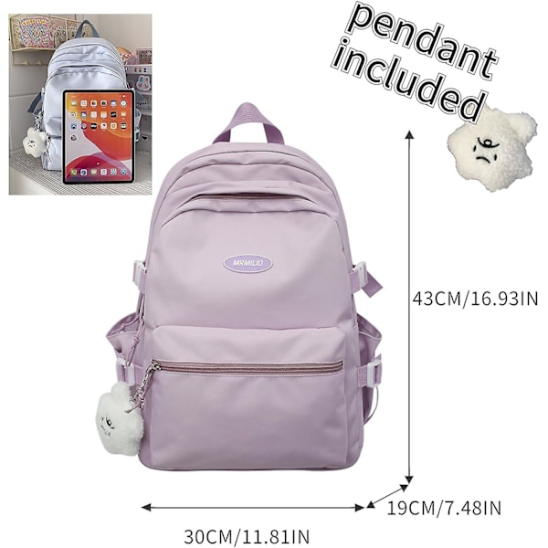 Kawaii Ryggsäck med Söta Tillbehör Casual Estetisk Ryggsäck Enkel Laptopväska Vattentät Reseryggsäck Kvinnor, Lila, Ryggsäck