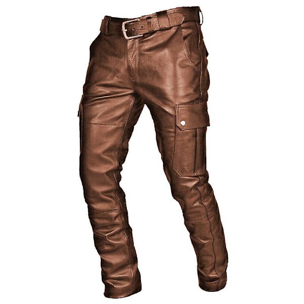 Miesten tekonahkaiset kapeat slim fit suorat lahkeet metallinhohtoiset biker-housut Brown S