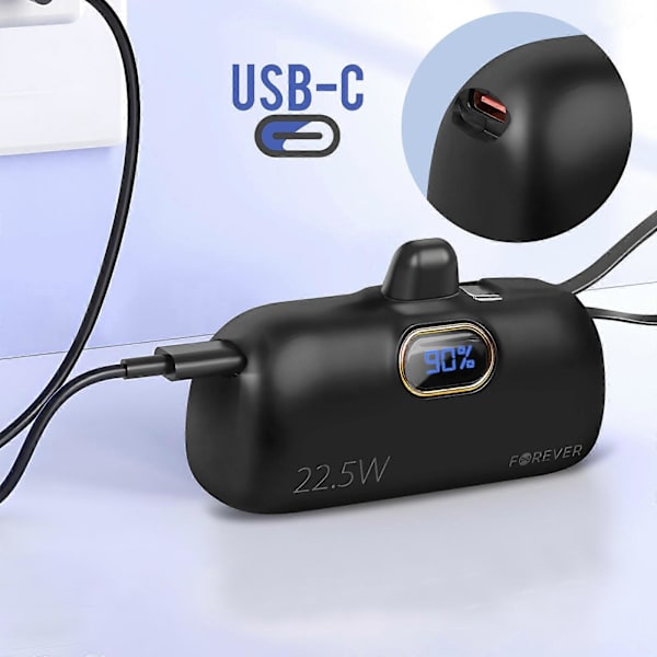 Eksternt batteri 5000mAh Lightning-stik + integreret USB C-kabel, Sort