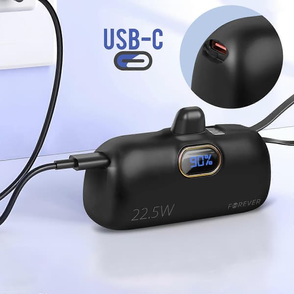 Ulkoinen akku 5000mAh Lightning-liitin + integroitu USB C -kaapeli, musta