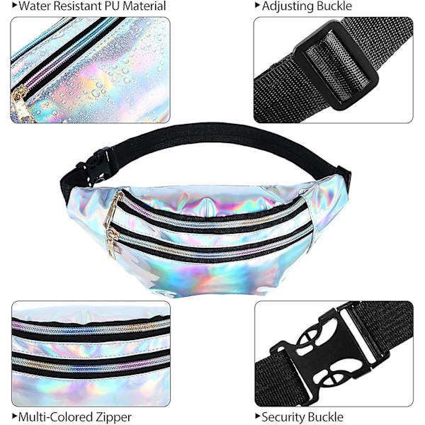 3 kpl Holografinen Vyölaukku Naisille Miehille Lapsille, Metallinhohtoinen Urheilu Vyötärölaukku Taskuilla ja Säädettävällä Vyöllä, Hologrammi PU Vyötärölaukku Matkustamiseen