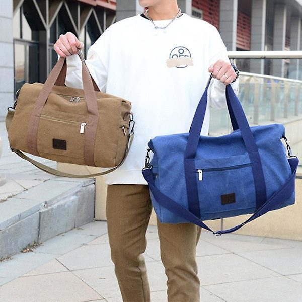 Reisebag, Canvas Stor Kapasitet Gym Tote Bag Weekendbag Overnatting Bag Khaki 44*26*19CM