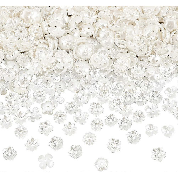 600 stk. 6 Stiler Blomsterperlehetter Kremhvite Avstandsperler Hetter Plast Imitasjon Perle Endeperlehetter Multi-Kronblad Blomster Avstandsperler for DIY Smykker