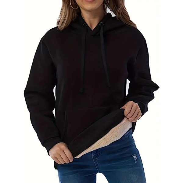 Solid Kangaroo Pocket Hoodie, Casual Långärmad Hoodie För Höst & Vinter, Damkläder black S