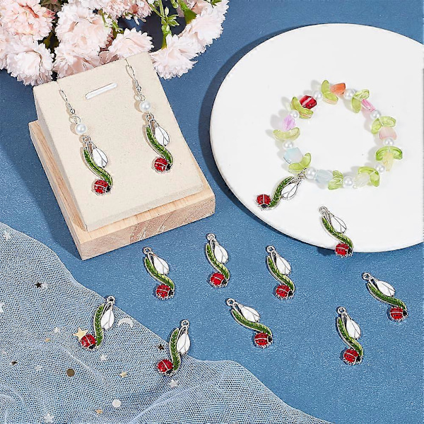 1 Förpackning 20ST Nyckelpigor Berlocker Bulk Nyckelpiga Berlock Nyckelpiga Silver Legering Emalj Lyckodjur Insekt Nyckelpigor Blomma Blad Skalbaggar Berlocker