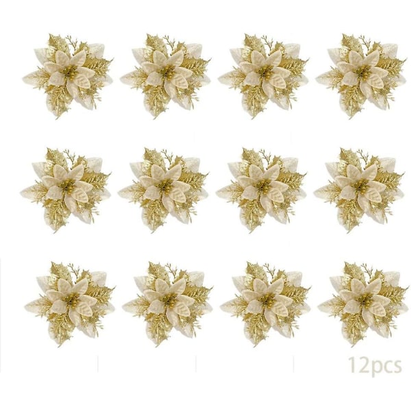 12 st julblommor, konstgjorda julblommor, glitter julstjärna julgransprydnader, glitter julgran, konstgjorda blommor jul