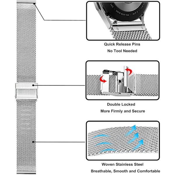 12 mm kompatibel med Galaxy Watch 4 Classic 42 mm 46 mm rem, rustfrit stål mesh rem Quick Release metal urrem til Samsung Galaxy Watch4 40 mm