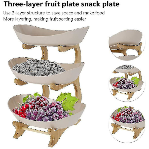 3-lags Frugtskål Sæt Træ Frugttallerken Stativ Med Plastbakker Snacks Nøddeopbevaringskurv Holder Til Indendørs Køkken Stue Dekoration Underholdning Beige