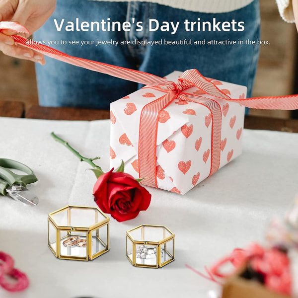Liten glas smyckeskrin gyllene geometrisk dekorativ låda ring örhänge display hexagon minnessak låda för bröllop födelsedagspresent