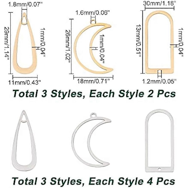 18 stk. 3 Stiler Rustfritt Stål Åpen Bakside Bezel Anheng Gull og Sølv Dråpeformet Bakside Bezel Anheng Resin