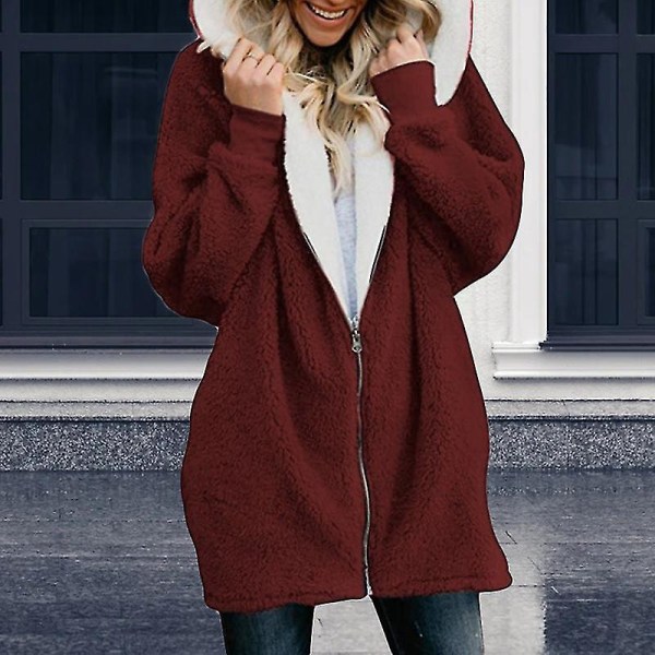 Dame Åben Front Hætte Langærmet Fleece Cardigans Mode Løs Lynlås Overtøj S