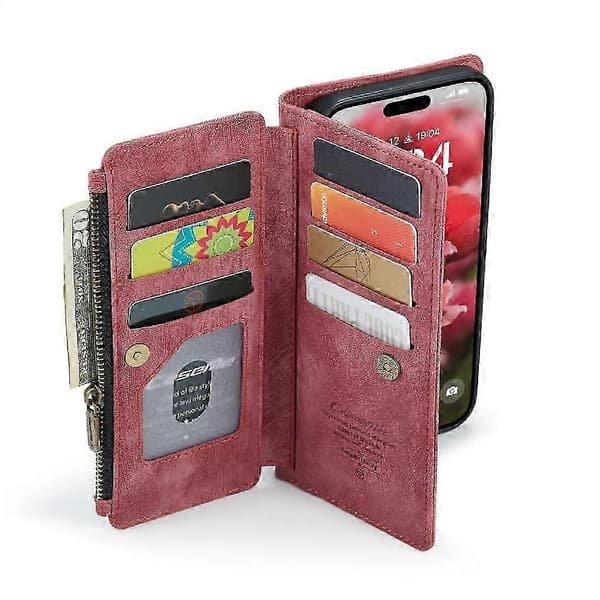 Flip Cover til iPhone 16 Plus med kortholder og rum til kørekort Red