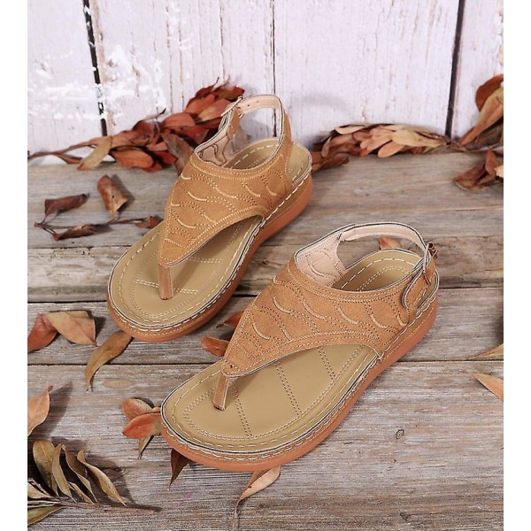 Naisten Yksiväriset Kirjailtu Flip Flop Sandaalit Rantakengät 086 Brown EU 43