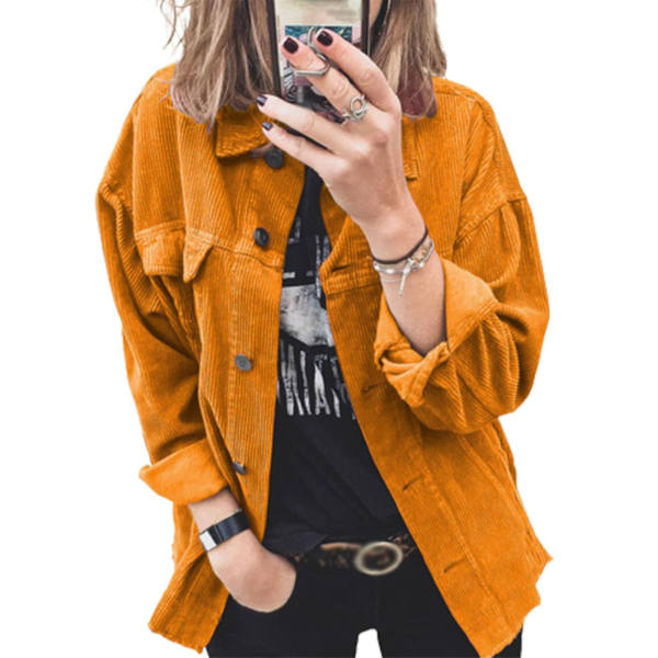 Korduroyjacka för kvinnor, långärmad korduroyrock, krage, lös kofta 2XL Yellow