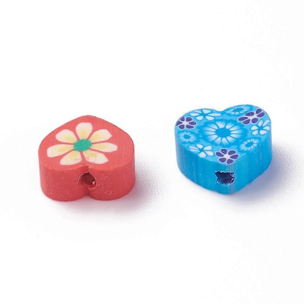 50 stk. Håndlagde Polymerleire Perler Hjerte med Blomstermønster Blandet Farge 7,5~10x8~10,5x4~5mm Hull: 1,5mm