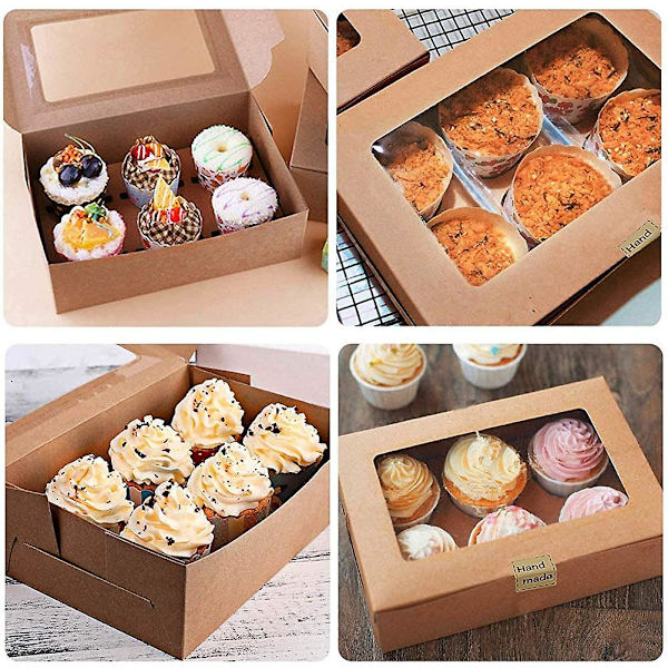 10-pak Cupcake Æsker Med Vindue Og Indsatser Holder 6 Standard Cupcakes, kageæsker