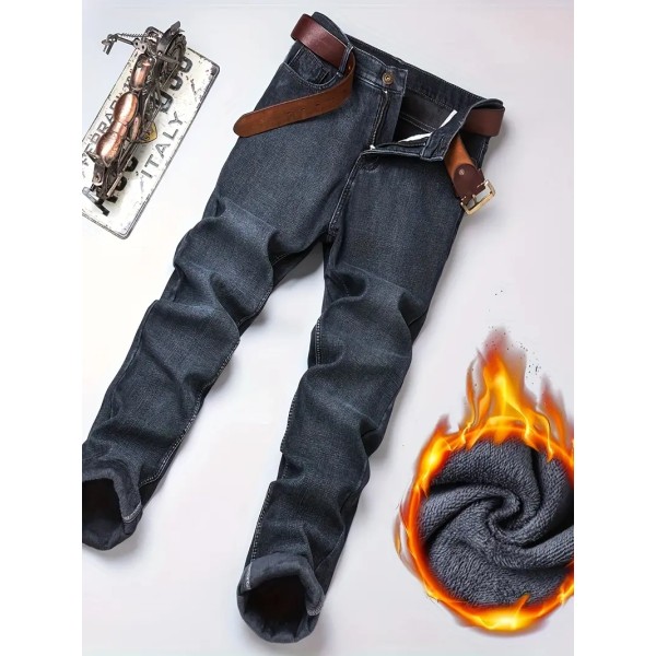 Herr Fleece Jeans för affärer, Casual Street Style Denimbyxor med fickor för höst vinter black Asia 40