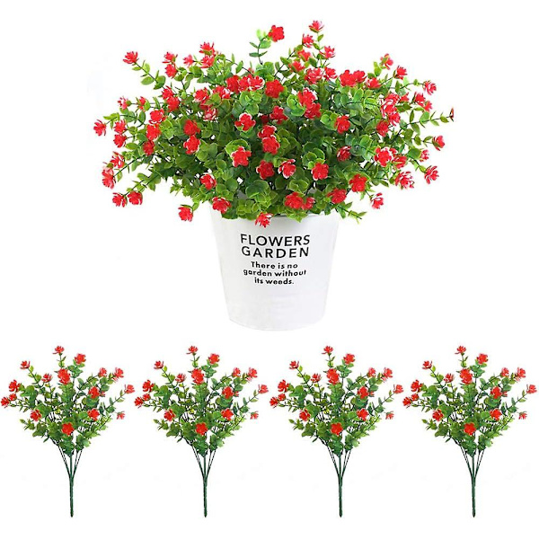 4 st konstgjorda växter, konstgjorda falska blommor plastgrönska buskar för inomhus och utomhus, kontor, trädgård, röd