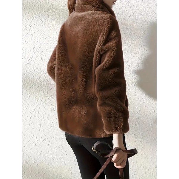 Teddykappa med dragsko, avslappnad dragkedja med långa ärmar, varma ytterkläder, damkläder Dark Brow XL