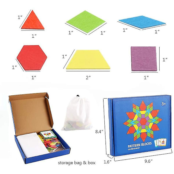 155 Trä Mönster Byggklossar Set, Geometrisk Form Pussel Förskola Tangram Leksak, Lämplig För Barn I Åldern 4-8, Inklusive 24 Designkort