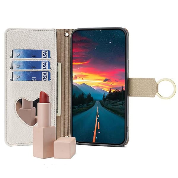 Fodral för iPhone 11 Pro med dragkedjeficka, telefonväska, stativ och sminkspegel - Vit White Style E iPhone 11 Pro
