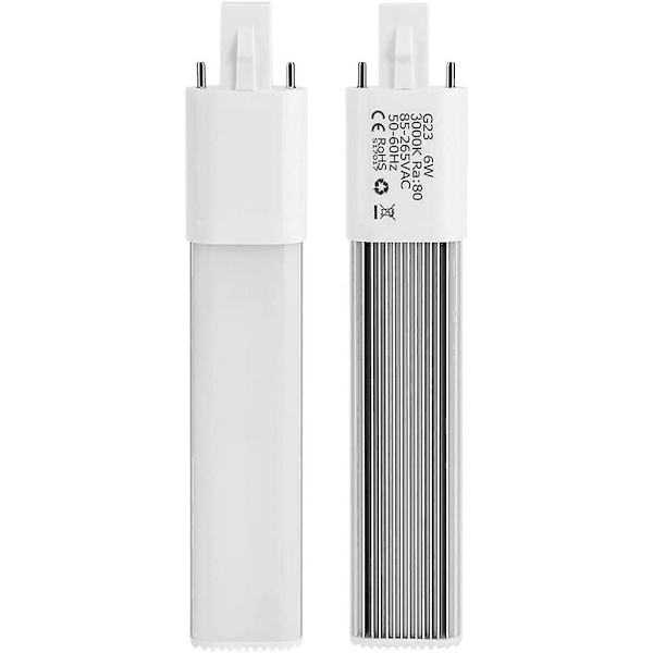 6w 2-benet kompakt lysstofrør, g23/gx23 horisontal rørbase, 3000k (varm hvid G23)