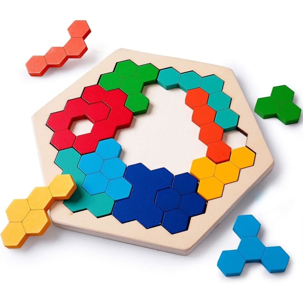 Trä Hexagon Pussel Leksak Geometri Leksak Träpussel Pussel Färgglada Hexagon Geometriskt pussel Lutande intelligensblock Leksaker för 3-8 år gamla barn
