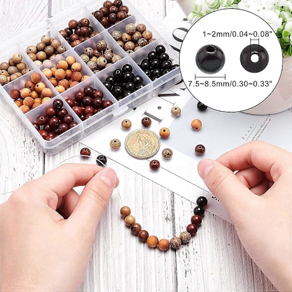 300 stk. 6 Stilarter Naturlige Træ Runde Perler 8mm Håndlavede Perler Løse Spacer Perler til Forår Påske, Smykkefremstilling, Hjem og Ferie Dekoration