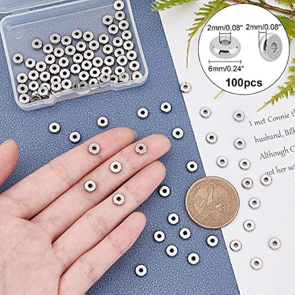100 st Flat Runda Metallpärlor Rostfritt Stål Distanspärlor Skiva Rondelle Skivor Pärlor för Smyckestillverkning 2 mm Hål Rostfritt Stål Färg